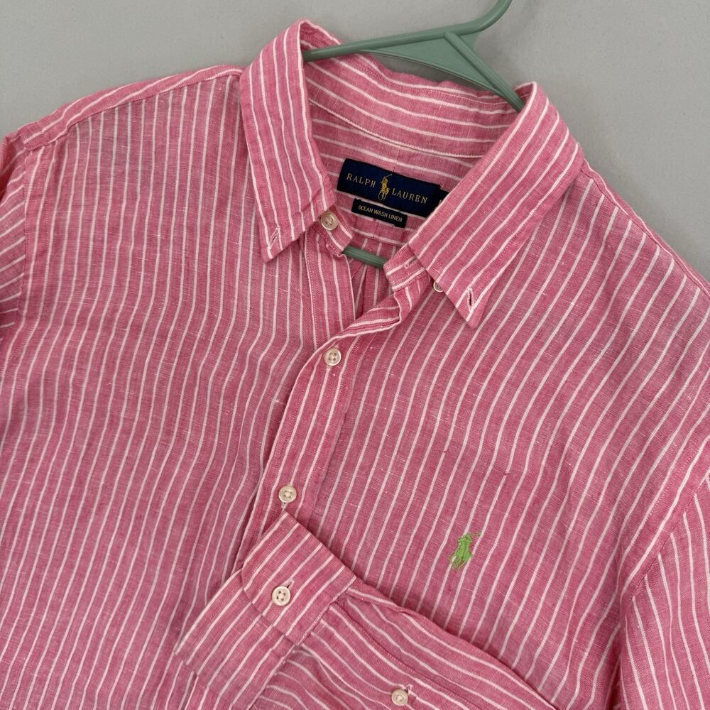Polo Ralph Lauren Ocean Wash 100% Linen Shirt Mens L Pink White Striped Preppy